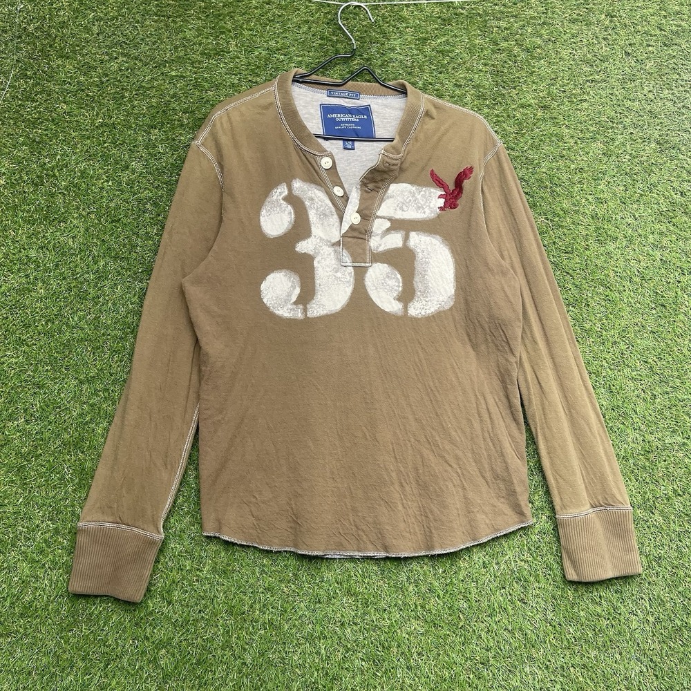 American Eagle Henley Thermal Shirt Mens Large Vintage Fit Graphic Long Sleeve